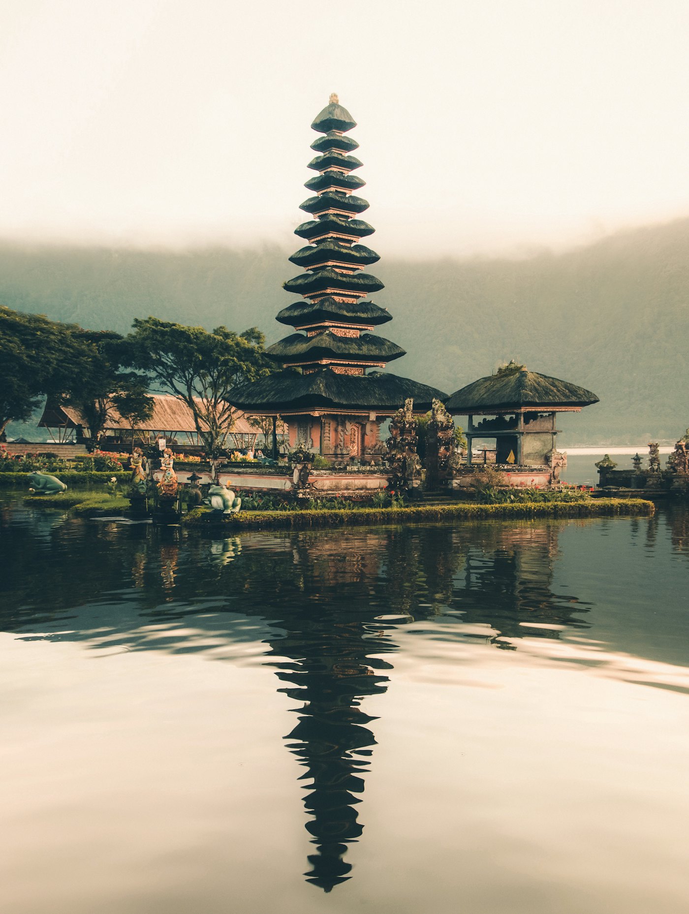 Ulun Danu Beratan temple reflected in a calm lake in Bali