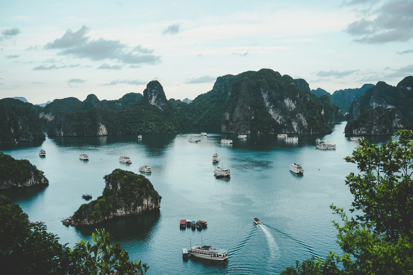 Limestone islands rising from the water in Ha Long Bay, Vietnam